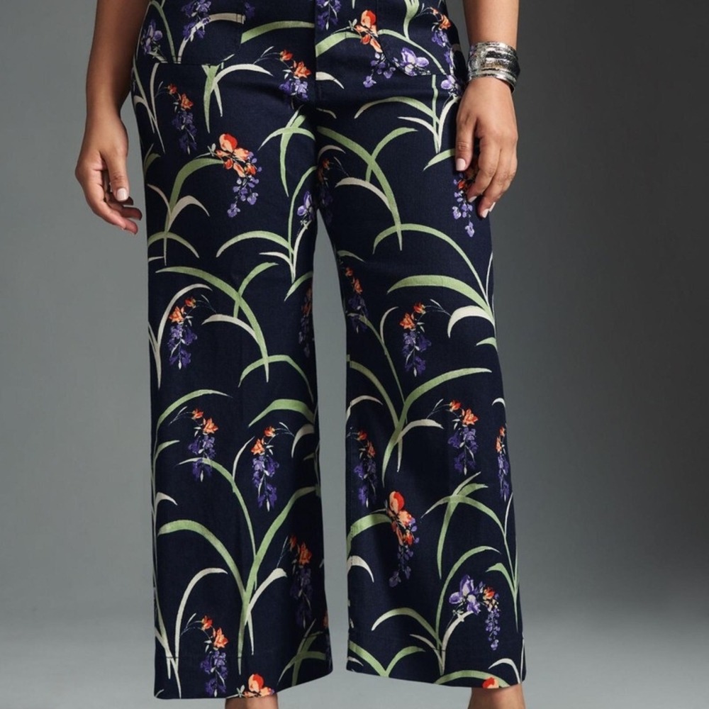 Anthropologie Floral Wide Leg Pants - Black and Green